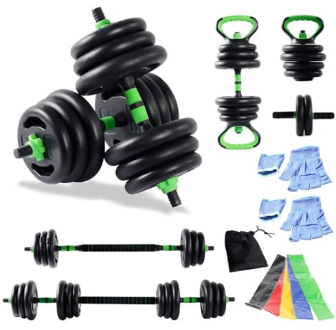 20Kg 5 in1 Dumbbells, Barbell & kettlebell Set of Gym Weights Barbell/Dumbbell Body Building 20KG set, RESISTANCE BAND SET- Set of 5 bands, Ab roller & one sized gloves