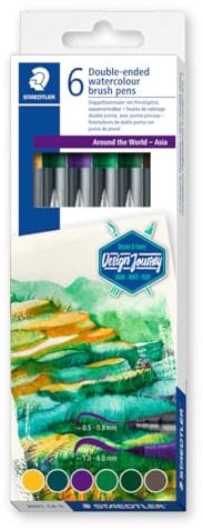 STAEDTLER Doppelfasermaler wasservermalbar, für Aquarell-Effekte, zwei Linienbreiten, feine Spitze und breite Pinselspitze, Kartonetui mit 6 brillanten Farben, 3001 C6-5