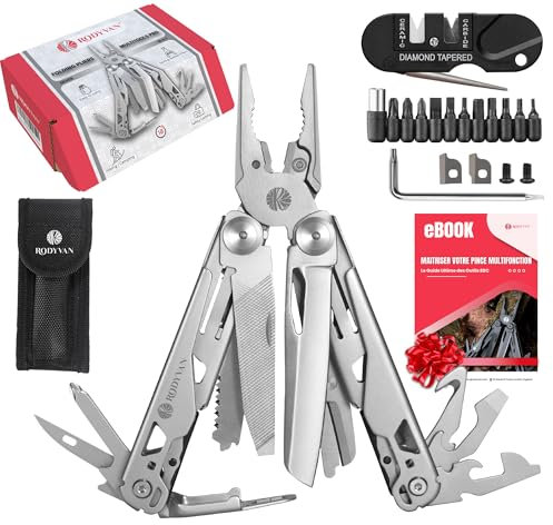 RODYVAN Set di attrezzi multiuso 19 in 1 in acciaio inox con temperamatite, set di cacciaviti, apribottiglie, accessori da campeggio di sopravvivenza, regalo per uomini e papà, kit di attrezzi fai da