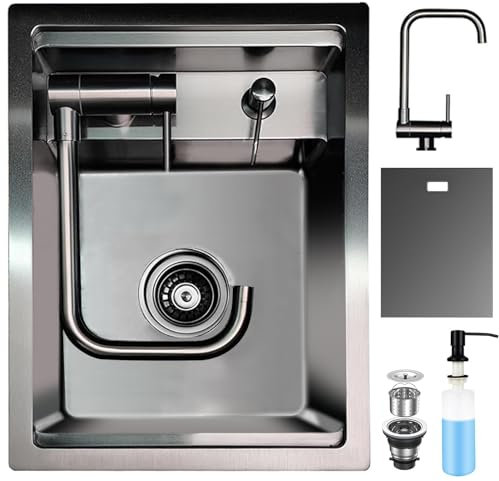 Nascosto Lavandino Bar Cucina con Rubinetto Pieghevole, Lavandino Bar a Vasca Singola Sottopiano in Acciaio Inossidabile Nascosto per Piccole Cucine Bar RV (Black, 35x45x22CM)