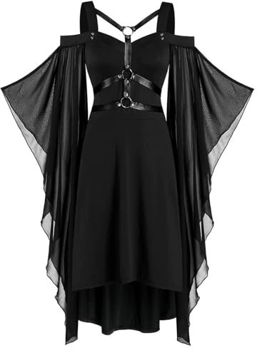 JokeLomple Damen Langarm Mittelalter Kleid - mit Trompetenärmel Festival Outfit Damen Gothic Mittelalter Kleidung Damen Gothic Hexen Kleid Sommerkleid Große Größen für Halloween Kostüm