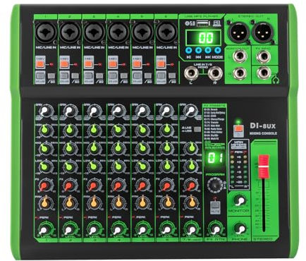 DI-8UX DJ Digital Mischpult Audio Mixer für PC mit 99 Reverb Effekten 48V Phantomspeisung 8 Kanälen und Bluetooth für KTV Parties und Live Musik