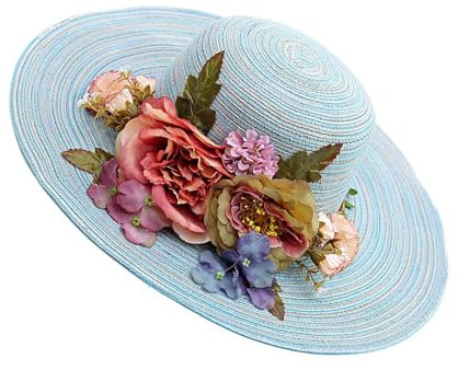 WUODHTW Sombrero de paja hecho a mano con flores de ganchillo para mujer, sombrero de paja de ala ancha, sombrero de paja para el sol, sombrero de sol UPF 50+ protección UV, Color Azul, Talla única