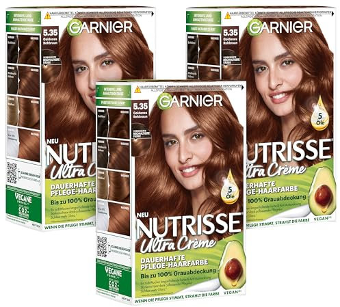 Garnier Nutrisse Dauerhafte Pflege-Haarfarbe mit nährenden Fruchtölen, Coloration mit 8 Wochen Halt, Ultra Crème Tönung, 5.35 Goldend. Rehbraun, 3er Pack