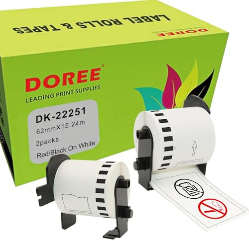 Doree 2 Rollen DK-22251 Selbstklebendes Etikettenrolle, Rot/Schwarz auf Weiß, 62 mm x 15,24 m, Kompatibel mit Brother QL-500,QL-570,QL-700,QL-720NW,QL-800,QL-810W,QL-820NWB,QL-1100,QL-1110NWB