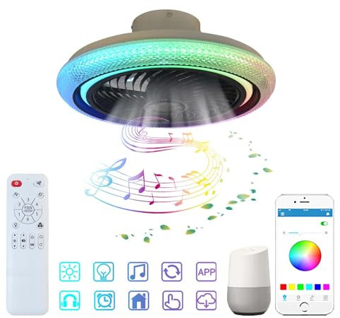 RGB Ventilateur Plafond Avec Lumiere Alexa, Réversible 6 Vitesses Dimmable Plafonnier Ventilateur De Plafond Et Telecommande APP Timer Lustre Ventilateur avec Haut-parleurs