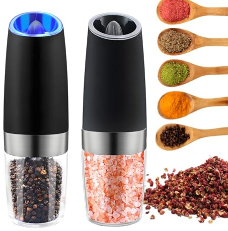 Petyoung 2 Pack Gravity Electric Salt and Pepper Grinder Set, Automatic Salt and Pepper Mills with LED Light, Adjustable Coarseness, Stainless Steel- Black