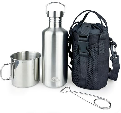 Pubgeer Canteen 1,2 l einwandige Wasserflasche mit 680 ml verschachteltem Campingbecher und Tragetasche, Bushcraft Gear, Weithals-Wasserflasche, Survival-Ausrüstung, Wasserkocher, selbstzuverlässig,