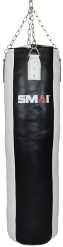 SMAI Boxsack Echtleder gefüllt, schwarz-weiß 130 cm - Professionelle Ausführung - Boxen, Kickboxen, Fitness, Training