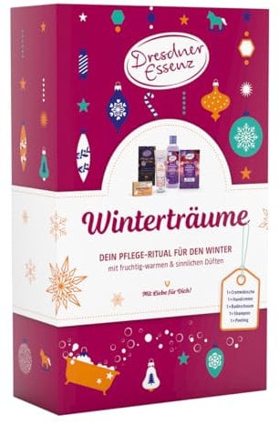 Dresdner Essenz Set Winterträume | Duschgel, Handcreme, Badesalz, Festes Shampoo und Zucker-Öl-Peeling| Beauty Produkte zum Verwöhnen | Geschenkidee zum Geburtstag, Nikolaus, Weihnachten, Jahrestag