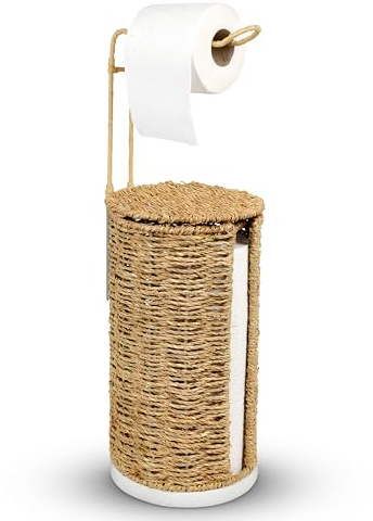 Freistehender Weiden-Toilettenpapierhalter mit Deckel, 3 Rollen Toilettenpapier-Aufbewahrung, Rattan, handgefertigter gewebter Toilettenpapierrollenhalter, Ständer, dekorativer Boho-Badezimmer,