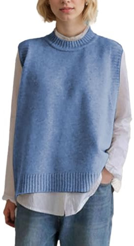 Women's Cable Knit Sleeveless Vest, Ladies Tank Top Chunky Side Buttons Sweaters with Round Neck, Pull Over Soft Casual Stylish Vintage Knitwear, Blue, One Size