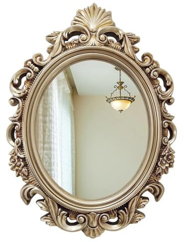 Vintage Kaminspiegel, 55×75 cm Ovaler Spiegel mit Silbernem Rahmen,Kunstvoll Geschnitzter Kosmetikspiegel für Wohnzimmer, Schlafzimmer, Eingangsbereich