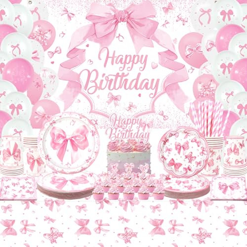 Décorations d'anniversaire avec nœud rose – Vaisselle de fête, assiettes, tasses, serviettes, nappe de fête avec nœud, toile de fond « Happy Birthday », ballons pour décorations de gâteau pour