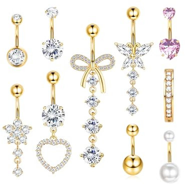 YADOCA 10Pcs 14G Bauchnabelpiercing Chirurgenstahl Gold Piercing Bauchnabel CZ Schmetterling Schlange Clicker Lang Bauchnabelpiercing Ring