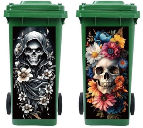 Peacoblue Wheelie Bin Stickers 2 Sheets Skulls and Flower Sticky Dustbin Stickers Decals, 15in x 32in Waterproof Self Adhesive Large Decal for Trash Cans Bins Driveway Garden Outdoor Indoor Decoration