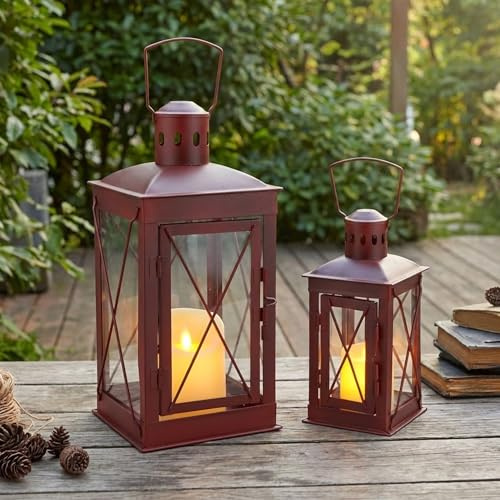 TRIROCKS Set von 2 dekorative Kerze Laterne 30cm & 20cm hoch Metall Kerze Halter hängende Laterne perfekt für Home Decor Patio Wohnzimmer Veranstaltungen Tischplatte drinnen im Freien (Rot