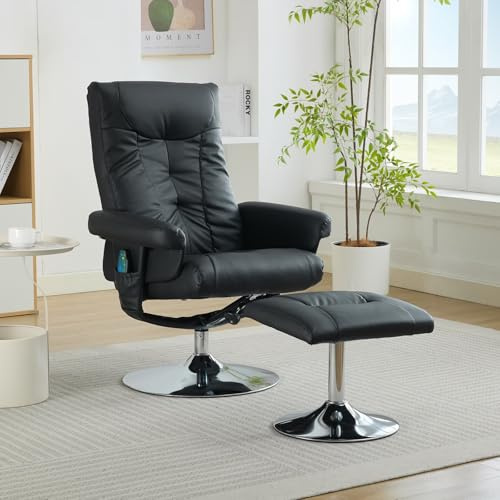 KOMHTOM Fauteuil Massant avec Fonction Inclinable et Massage 5 Points, Fauteuil Relax avec Fonction Chauffante électrique et Repose-Pieds, Pivotant à 360°, PU (Noir)