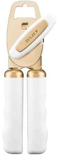 Zulay Kitchen Tin Opener - Heavy Duty Can Opener Manual with Bottle Key - Rust Proof, Stainless Steel, Arthritis-Friendly, Hand Tool for Seniors with Turn Knob & Comfy Good Grip Handles - White/Gold