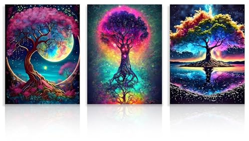 Dazzlewall 3er Set Bunte Lebensbaum Wandkunst, Bunte Fantasy Mond & Sternenhimmel Gemälde Wanddeko für Schlafzimmer Wohnzimmer Ohne Rahmen 30x40 cm