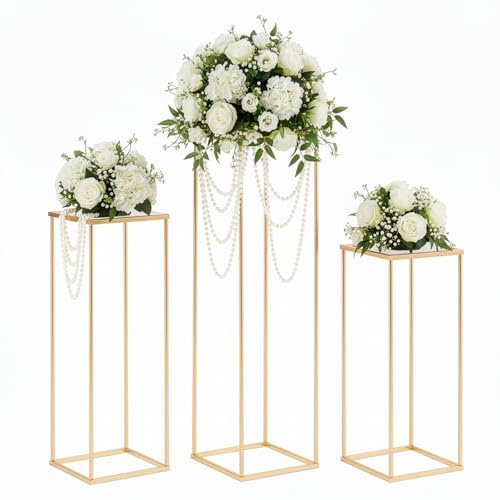 Set of 3 Gold Metal Flower Stands – 60/80/100 cm Wedding Pedestal Column Centrepiece Stands, Aisle & Table Decor Display Plinths for Vases, Bouquets, Candles, Events & Home