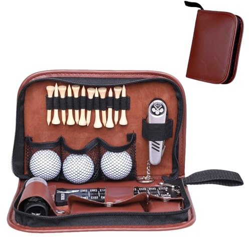 VELAJA Kit Accesorios de Golf Hombre Mujer, Bolsa Multifuncional 7 en 1 con Estuche de PU, Regalo para Golfistas Completo con Cepillo Limpieza, Recogebolas, Tenedor de Green