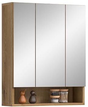 xonox.home – Spiegelschrank Aqua 60x74x18 cm in Evoke Oak Nachbildung – 3 Spiegeltüren, 6 verstellbare Einlegeböden & 1 offenes Fach – Modernes Badmöbel mit Stauraum – stilvoll, hell & pflegeleicht