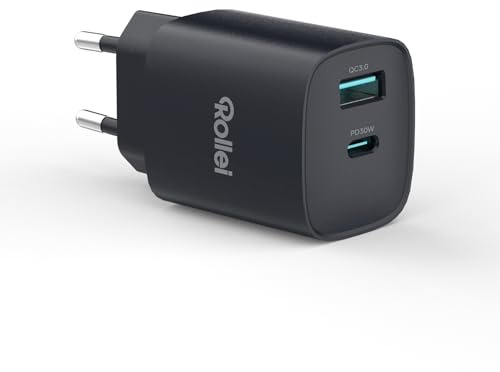 Rollei USB C Ladegerät 30W GaN PD Schnellladegerät, 2 Ports USB-C und USB-A für Smartphone Tablets und Zubehör Kompatibel mit iPhone 17 Pro Max Air 16 15 14 13 12 iPad Galaxy S25 S24 S23 Pixel 9