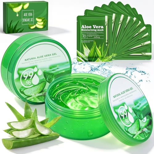 Aloe Vera Gel 2 * 300g + 10 masques, Naturel gel aloe vera bio, vegan aloe gel pour visage, corps et cheveux, soin après-soleil, hydratation, coffret cadeau aloe vera pour femmes hommes
