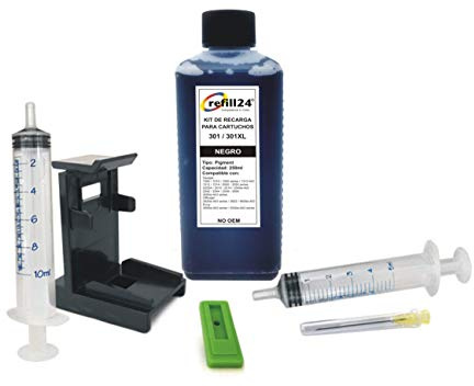 refill24 Nachfüllset: Nachfülltinte 250 ml kompatibel für Druckerpatronen HP 301, 301 XL Schwarz/Multipack + Zubehör + Anleitung, Refillset mit Druckertinte für DeskJet OfficeJet Envy