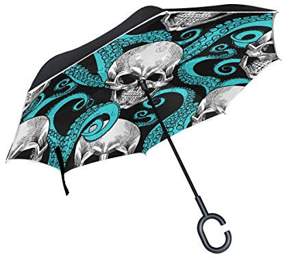 Wamika Regenschirm mit Totenkopf-Motiv, umgekehrt, doppelschichtig, Winddicht, selbststehend, UV-Schutz, Nicht automatisch, groß, gerade, Kopf, C-förmiger Griff für Auto und Regen