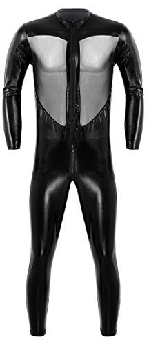 TiaoBug Damen Herren Langarm Shirts und lange Hose Einteiler wetlook Bodysuit Ganzkörperanzug Jumpsuit Leder Mesh Patchwork Overalls Clubwear Schwarz XL