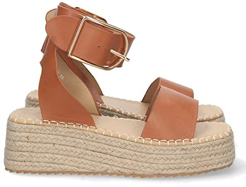 45305-Sandalia Plana Mujer Estilo Casual, con Yute, Pala Fina, Talon Abierto y Cierre de Pulsera con Hebilla en el Tobillo. Primavera Verano 2020. Talla 38 Camel
