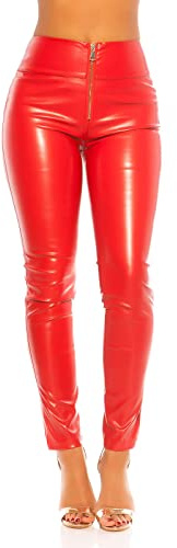 Koucla Pantalon taille haute, effet mouillé, aspect cuir, avec fermeture éclair, pour femme, rouge, S