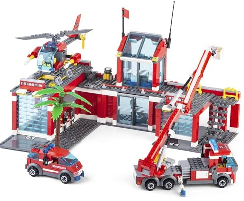 QLT QIAOLETONG City Fire Station Building Kit, 774 Pcs Building Set Including Fire Station, Fire Truck, Fire Helicopter,Fire Fighter, City Building Blocks STEM Toys Gift for Boys 6-10 Years Old.
