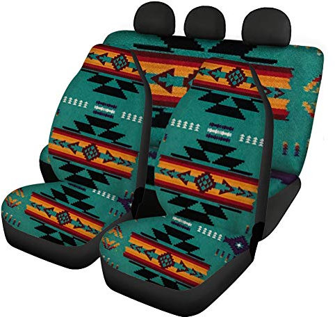 Wanyint Indian Tribal Navajo Grün Autositzbezüge, komplettes Set, Vorder- und Rückbank-Schoner-Set, universelle Passform für Auto, LKW, Van, SUV als Dekoration