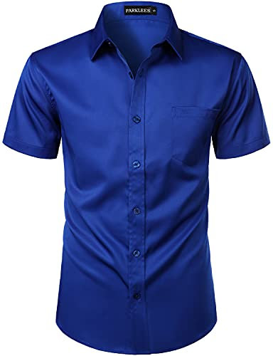 PARKLEES Mens Casual Urban Stylish Slim Fit Short Sleeve Button Up Dress Shirt with Pocket ZLSC15 Royal Blue XXL