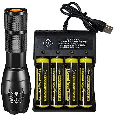 Bright Flashlight Torches, 4 Slot Universal Charger, with 4 Rechargeable Battery & Charger,Adjustable Focus Torch, Smart Charger for Outdoor Camping, Cycling, Night Fishingaily Use With 4-Slot Charger
