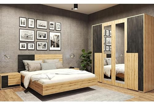 Fabryka Mebli Idźczak Schlafzimmer-Set Bafra Bettgestell - Doppelbett Ehebett mit Fancy-Matratze - Kleiderschrank mit Spiegel, Nachttisch, Kommode - Modern - Artisan Eiche/Schwarze Norwegische Kiefer