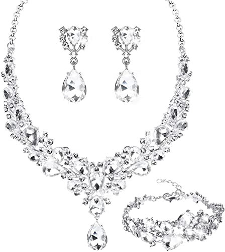 Milacolato Strass Schmuckset Halskette Ohrringe Armband Brautschmuck Set für Bräute Brautjungfer Teardrop Cluster Kristall Damen Schmuck Set für Hochzeit Abschlussball