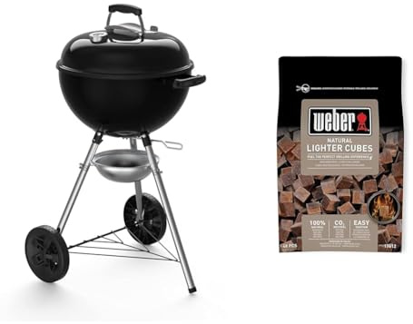 Weber 13101004 Holzkohlegrill Original Kettle E-4710, 47 cm, schwarz & 17612 Anzündwürfel braun, ohne Zusatzstoffe, 48 Stück