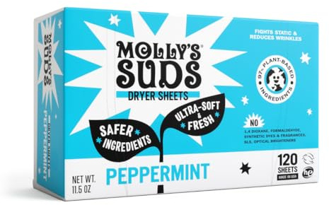 Molly's Suds Fabric Softener Dryer Sheets for Sensitive Skin | Plant-Based Static Reducer, Plastic-Free Packaging | Peppermint (120 Sheets)