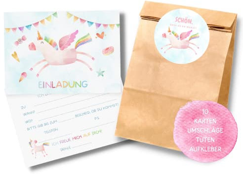 Essi's Stoff Boutique 10er-Set Einhorn Einladungskarten und Mitgebseltüten - Einhorn Kindergeburtstag Set mit Goodie Bag