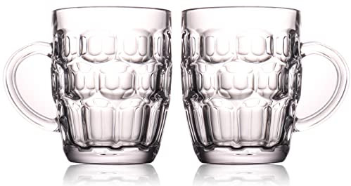 BothEarn 1 Pint Dimpled Beer Mug Set of 2 - Heavy British Pub Thick Glass with Handle - Stein Cup for Beer Lover in Home Party BBQ