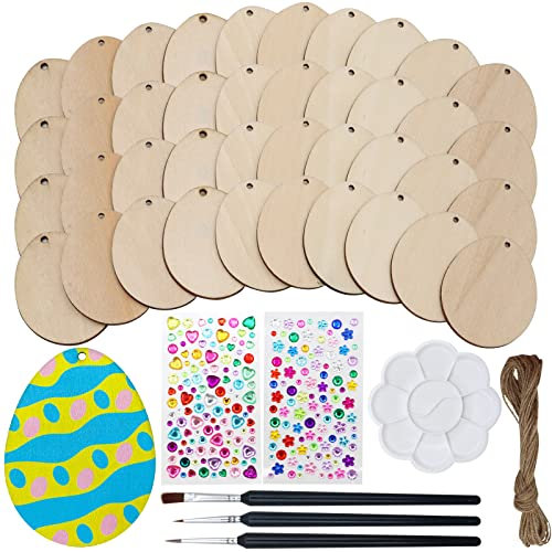 VEGCOO 67 Teiliges Bemaltes Ostereier Set Aus Holz, 60 Stück Holzeier zum Bemalen 12m Hanfseil 3 Pinsel 2 Acryl Bohraufkleber für im Freien und im Innenbereich Ostereier Dekoration