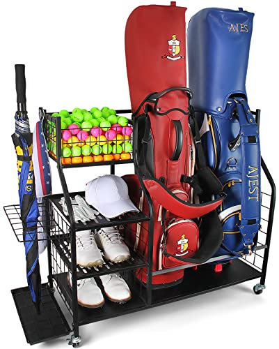 yamato Golf Organizer Storage Rack Extra Large Golf Club Organizer with Wheels For 2 Golf Bags Golf Equipment Accessories Perfect Golf Gifts