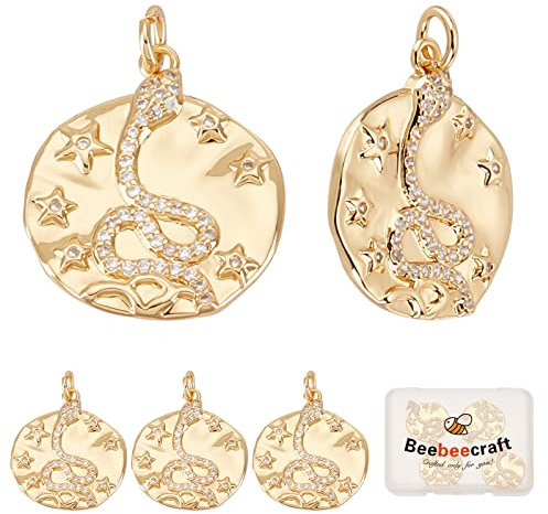 Beebeecraft 6 Stück Schlangen-Charm Mit Mikropaviertem Zirkonia 18 Karat Vergoldetes Messing Flacher Runder Chinesischer Sternzeichen-Stern Und Schlangen-Anhänger Mit Biegeringen