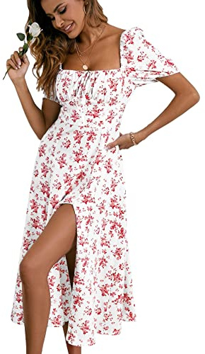 GORGLITTER Women's Floral Midi Dress Ruched Bust Split A Line Dress Boho Square Neck Short Sleeve Summer Swing Dresses Red and White XS