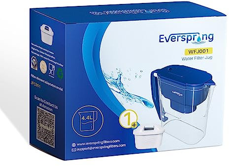 EVERSPRING Wasserfilter Kanne enthält 1x Kanne Filter, kompatibel mit Brita Wasserfilterkartuschen, Brita Maxtra, Maxtra +, Große Kapazität 4,4L, reduziert Kalkablagerungen und Chlor