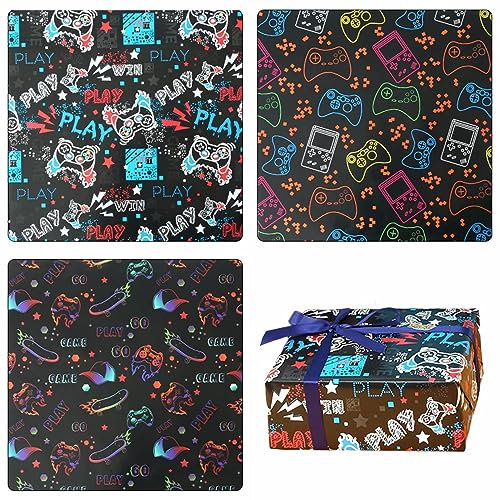 Gaming Wrapping Paper 6 Sheets, Birthday Gift Wrapping Paper for Kids Boys Men Game Lovers